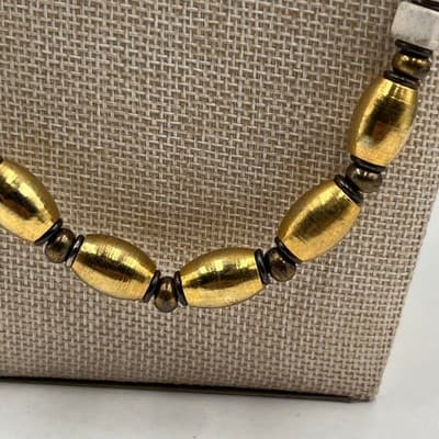 Vintage White Heishi Bead Necklace Gold Tone Barrel Beads Long Strand Bohemian - Thumbnail 4