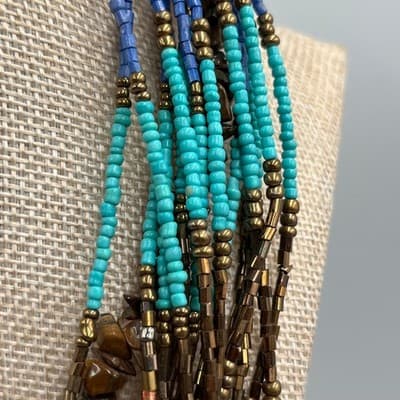 Vintage Multi Strand Seed Beaded Necklace Colorful Tiger Eye Chip Beads Layered - Thumbnail 3