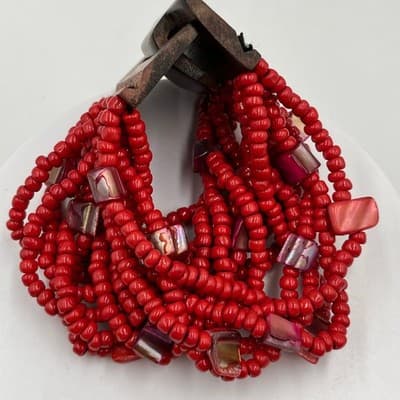 Vintage Red Multi Strand Beaded Bracelet Wooden Clasp Statement Chunky Boho - Thumbnail 2