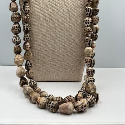 Vintage Long Double Strand Natural Shell Bead Necklace Brown Cream Speckled Boho - Thumbnail 4