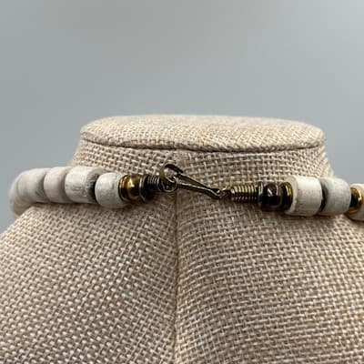 Vintage White Heishi Bead Necklace Gold Tone Barrel Beads Long Strand Bohemian - Thumbnail 7