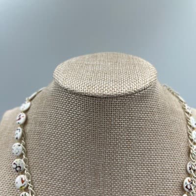 Vintage White Cloisonné Confetti Disc Beads Necklace Double Strand Chain Layered - Thumbnail 2