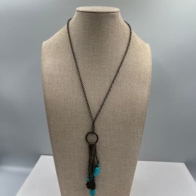 Vintage Turquoise Style Beaded Charm Necklace Bronze Tone Cross Tassel Pendant - Thumbnail 2