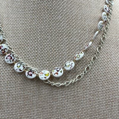 Vintage White Cloisonné Confetti Disc Beads Necklace Double Strand Chain Layered - Thumbnail 3