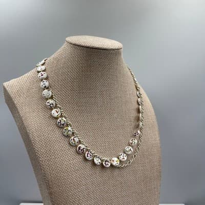 Vintage White Cloisonné Confetti Disc Beads Necklace Double Strand Chain Layered - Thumbnail 4