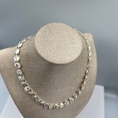 Vintage White Cloisonné Confetti Disc Beads Necklace Double Strand Chain Layered - Thumbnail 5