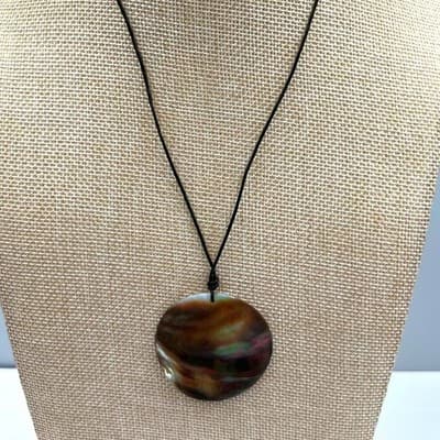 Vintage Abalone Shell Pendant Necklace Round Iridescent Disc Black Cord Classic - Thumbnail 2