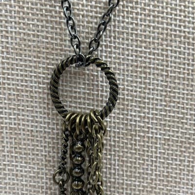 Vintage Turquoise Style Beaded Charm Necklace Bronze Tone Cross Tassel Pendant - Thumbnail 4