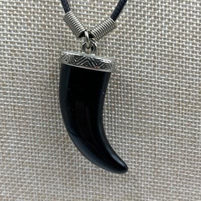 Vintage Black Horn Pendant Necklace Cord Silver Tone Cap Tribal Style Hook & Eye - Thumbnail 3