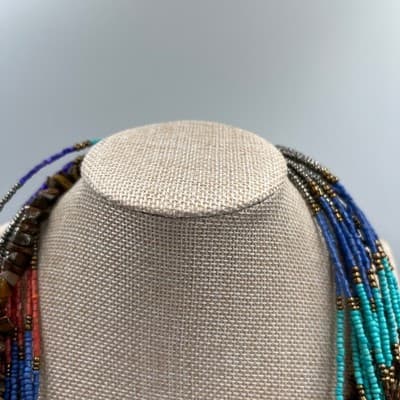 Vintage Multi Strand Seed Beaded Necklace Colorful Tiger Eye Chip Beads Layered - Thumbnail 2