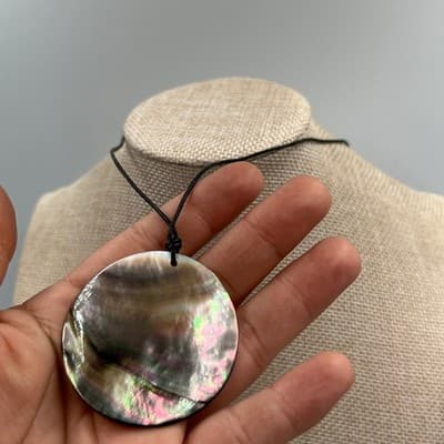 Vintage Abalone Shell Pendant Necklace Round Iridescent Disc Black Cord Classic - Thumbnail 6