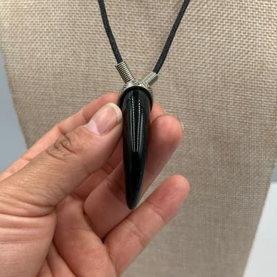 Vintage Black Horn Pendant Necklace Cord Silver Tone Cap Tribal Style Hook & Eye - Thumbnail 7