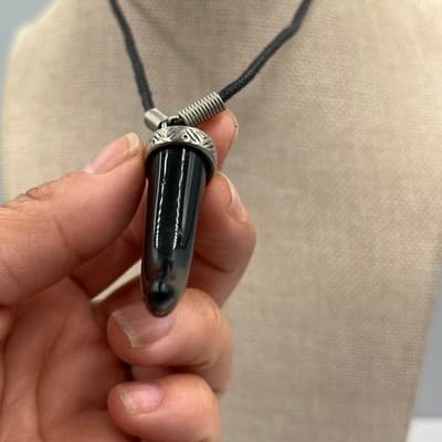 Vintage Black Horn Pendant Necklace Cord Silver Tone Cap Tribal Style Hook & Eye - Thumbnail 6