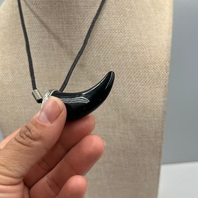 Vintage Black Horn Pendant Necklace Cord Silver Tone Cap Tribal Style Hook & Eye - Thumbnail 8