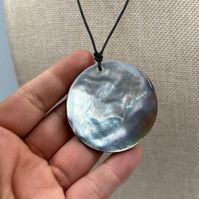Vintage Abalone Shell Pendant Necklace Round Iridescent Disc Black Cord Classic - Thumbnail 4
