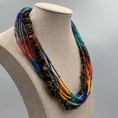 Vintage Multi Strand Seed Beaded Necklace Colorful Tiger Eye Chip Beads Layered - Thumbnail 6