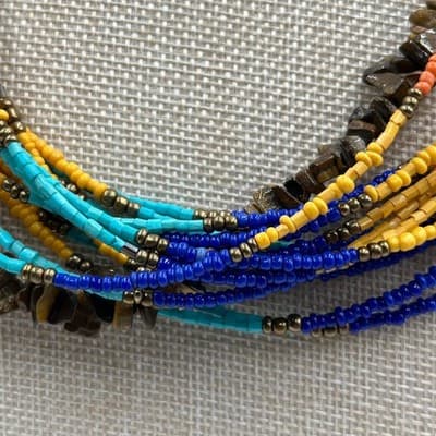 Vintage Multi Strand Seed Beaded Necklace Colorful Tiger Eye Chip Beads Layered - Thumbnail 4