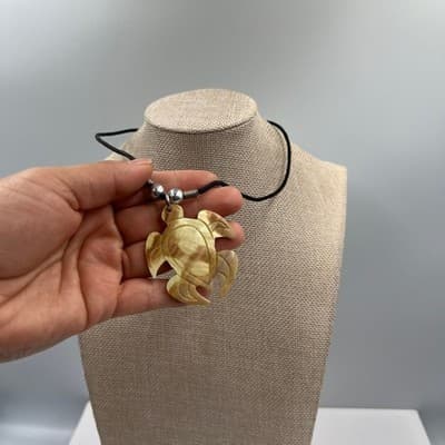 Vintage Carved Turtle Pendant Necklace Faux Shell Cord 20" Beach Boho Tropical - Thumbnail 5