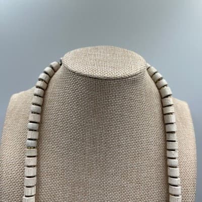 Vintage White Heishi Bead Necklace Gold Tone Barrel Beads Long Strand Bohemian - Thumbnail 2