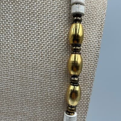 Vintage White Heishi Bead Necklace Gold Tone Barrel Beads Long Strand Bohemian - Thumbnail 3