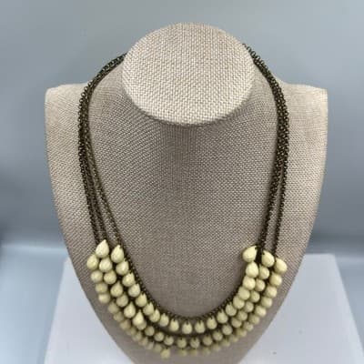 VTG Multi Strand Cream Teardrop Bead Necklace Antique Brass Tone Statement Bib - Thumbnail 5