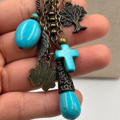 Vintage Turquoise Style Beaded Charm Necklace Bronze Tone Cross Tassel Pendant - Thumbnail 6