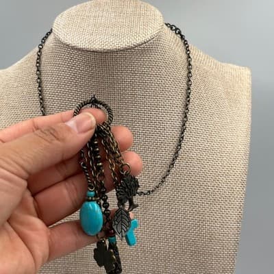 Vintage Turquoise Style Beaded Charm Necklace Bronze Tone Cross Tassel Pendant - Thumbnail 7