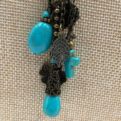 Vintage Turquoise Style Beaded Charm Necklace Bronze Tone Cross Tassel Pendant - Thumbnail 5