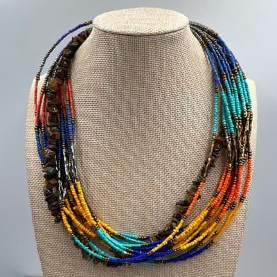 Vintage Multi Strand Seed Beaded Necklace Colorful Tiger Eye Chip Beads Layered - Image 1
