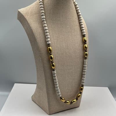 Vintage White Heishi Bead Necklace Gold Tone Barrel Beads Long Strand Bohemian - Thumbnail 5