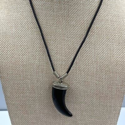 Vintage Black Horn Pendant Necklace Cord Silver Tone Cap Tribal Style Hook & Eye - Image 1