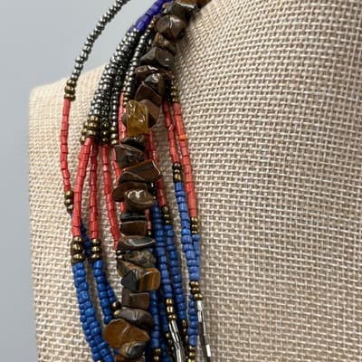 Vintage Multi Strand Seed Beaded Necklace Colorful Tiger Eye Chip Beads Layered - Thumbnail 5