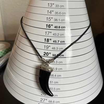 Vintage Black Horn Pendant Necklace Cord Silver Tone Cap Tribal Style Hook & Eye - Thumbnail 10
