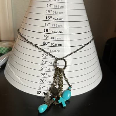 Vintage Turquoise Style Beaded Charm Necklace Bronze Tone Cross Tassel Pendant - Thumbnail 9