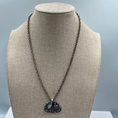 Vintage Silver Tone Ornate Pendant Necklace Floral Scroll Chain Italian Made 18" - Thumbnail 2