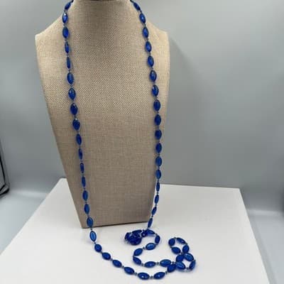 Vintage Long Blue Beaded Necklace Double Strand Faceted Acrylic Fashion Classic - Thumbnail 5