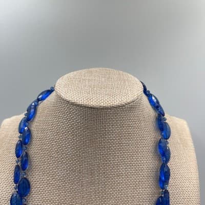 Vintage Long Blue Beaded Necklace Double Strand Faceted Acrylic Fashion Classic - Thumbnail 2