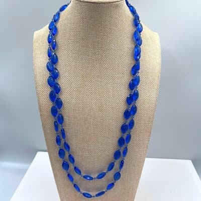 Vintage Long Blue Beaded Necklace Double Strand Faceted Acrylic Fashion Classic - Image 1