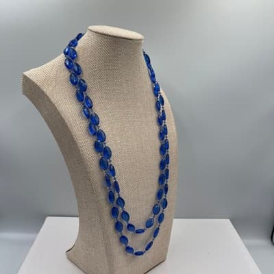 Vintage Long Blue Beaded Necklace Double Strand Faceted Acrylic Fashion Classic - Thumbnail 4