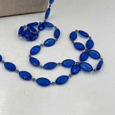 Vintage Long Blue Beaded Necklace Double Strand Faceted Acrylic Fashion Classic - Thumbnail 6