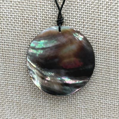 Vintage Abalone Shell Pendant Necklace Round Iridescent Disc Black Cord Classic - Image 1