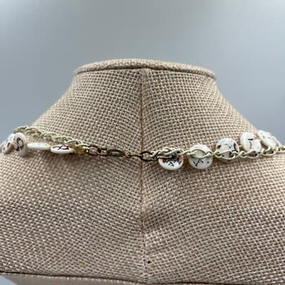 Vintage White Cloisonné Confetti Disc Beads Necklace Double Strand Chain Layered - Thumbnail 6