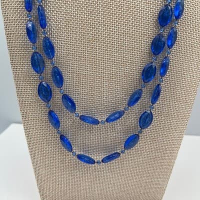 Vintage Long Blue Beaded Necklace Double Strand Faceted Acrylic Fashion Classic - Thumbnail 3