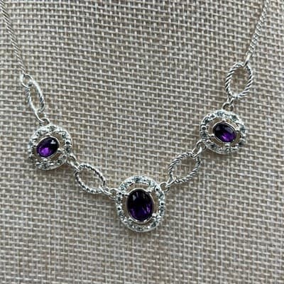 Vintage Silver Tone Purple Oval Stone Necklace Rhinestone Halo Adjustable Chain - Thumbnail 3