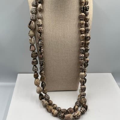 Vintage Long Double Strand Natural Shell Bead Necklace Brown Cream Speckled Boho - Thumbnail 5
