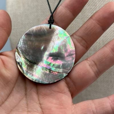 Vintage Abalone Shell Pendant Necklace Round Iridescent Disc Black Cord Classic - Thumbnail 5