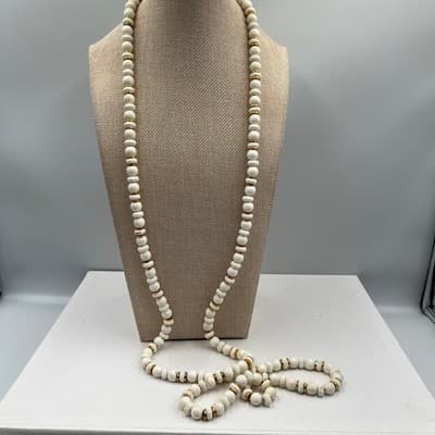 Vintage White Beads Double Strand Necklace Gold Spacer Long Boho Fashion Classic - Thumbnail 4