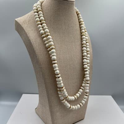 Vintage White Beads Double Strand Necklace Gold Spacer Long Boho Fashion Classic - Thumbnail 3