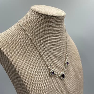 Vintage Silver Tone Purple Oval Stone Necklace Rhinestone Halo Adjustable Chain - Thumbnail 4