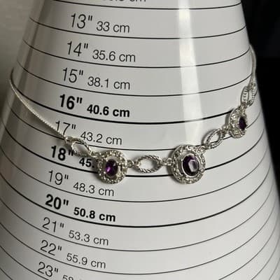 Vintage Silver Tone Purple Oval Stone Necklace Rhinestone Halo Adjustable Chain - Thumbnail 8